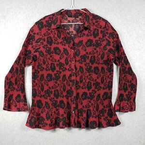 Fred David Blouse Red Black Floral Pleated Button Down Shirt Women's Plus 2XL‎
